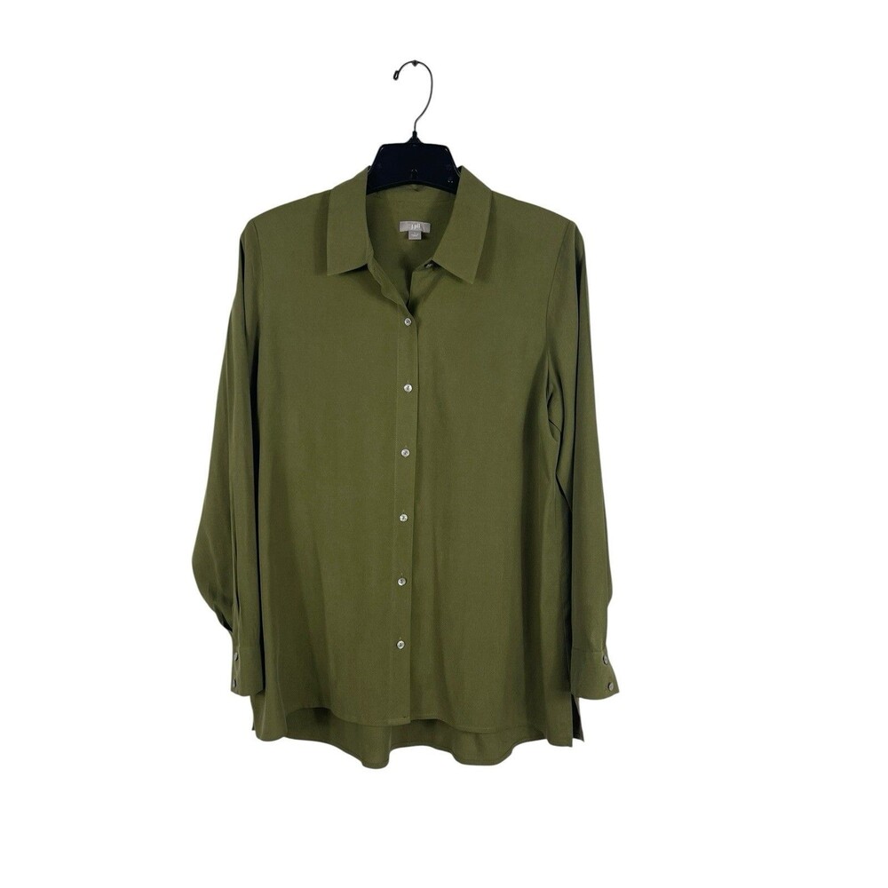J Jill 100% Silk Button Up Blouse Womens S Olive Green Long Sleeve Work Office